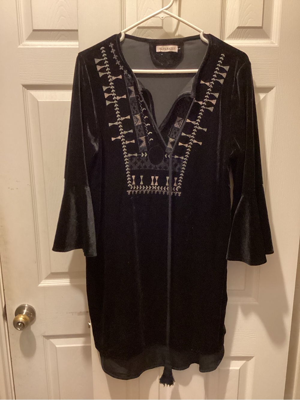 paparazzi Black Velvet Embroidered V-Neck Long Sleeve Dress